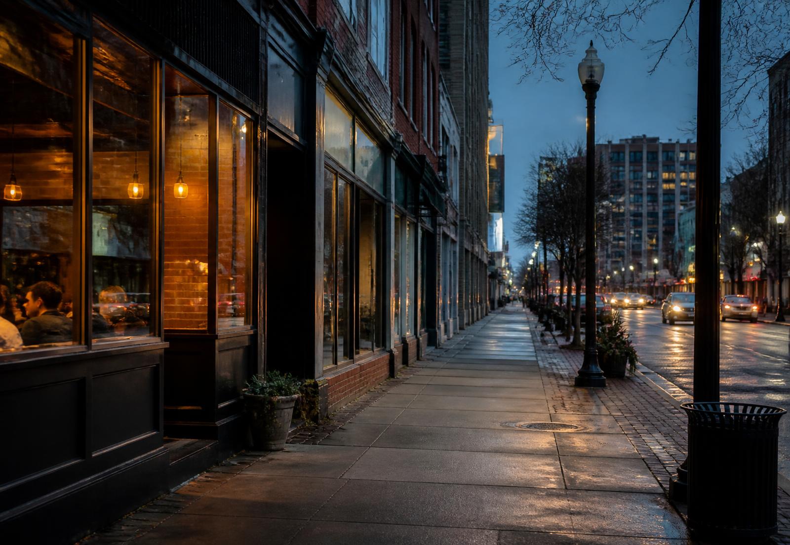 Evening on a downtown Birmingham street, with lit storefront windows along historic brick buildings