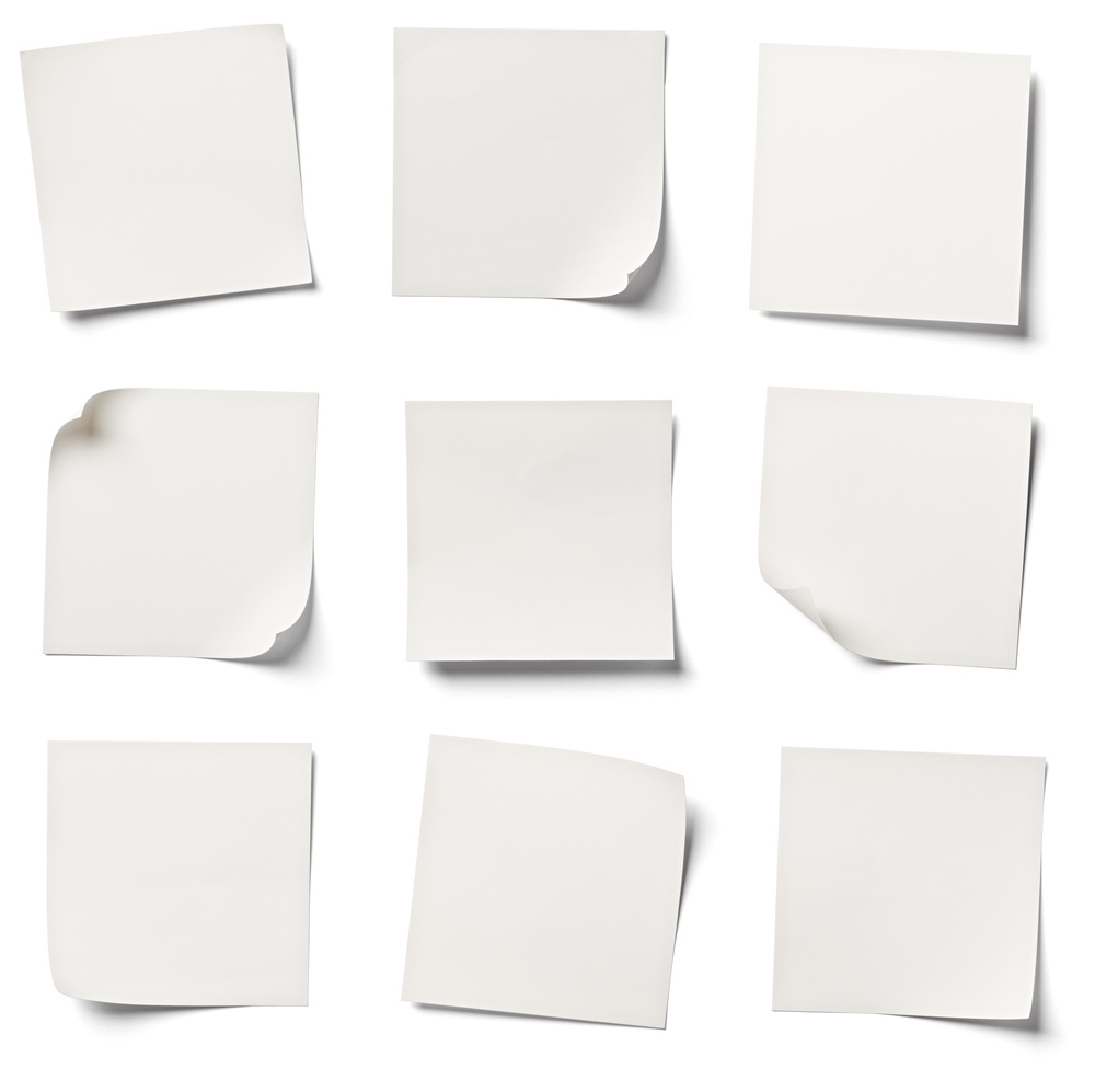 collection of  various white note papers on white background. each one is shot separately